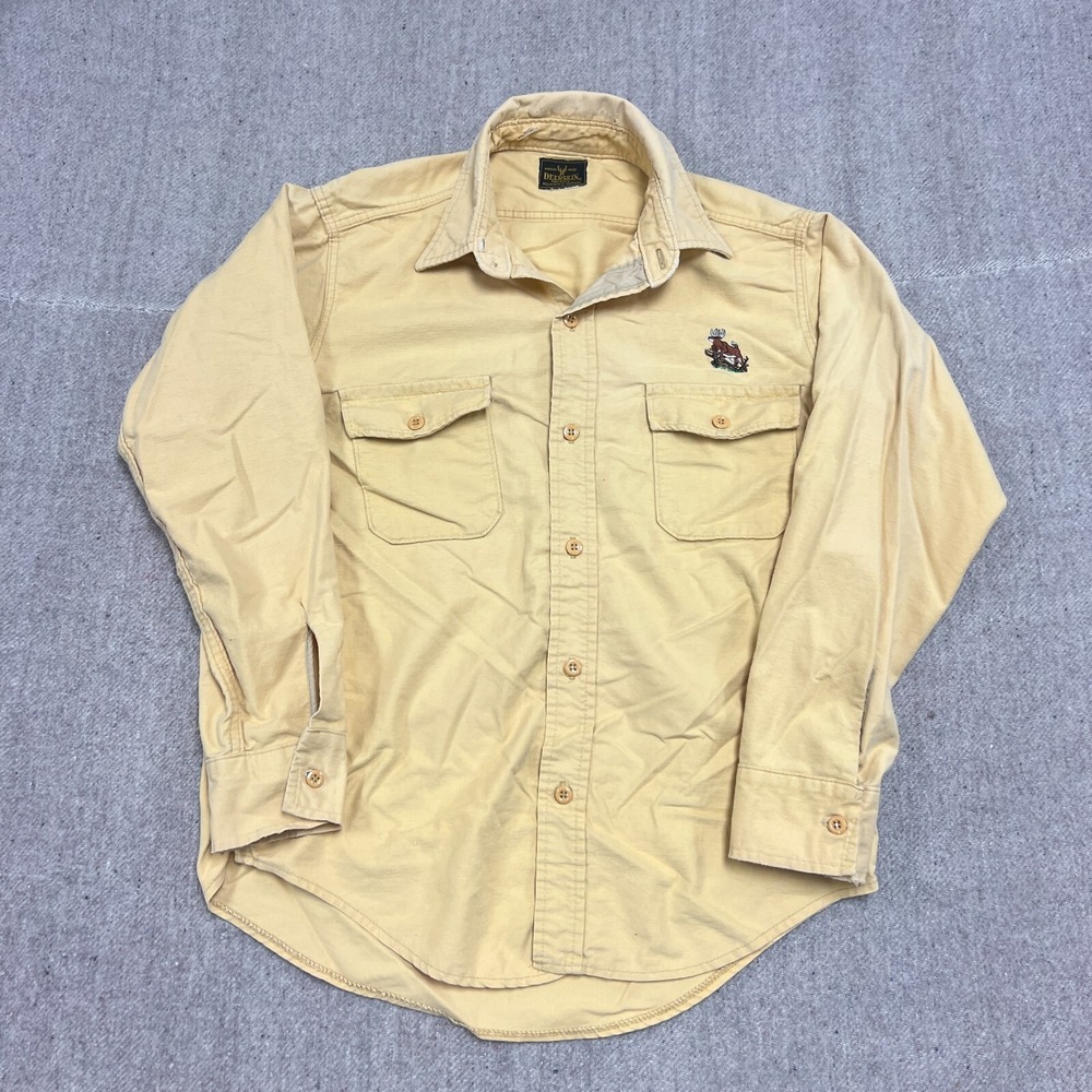 Vintage Deerskin Button Up Shirt Mens Large Yellow 1980s Long Sleeve Embroidered